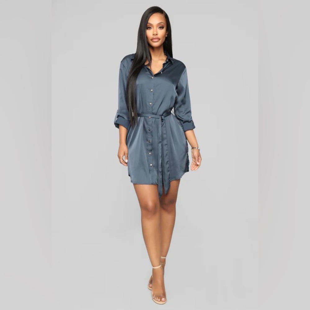Fashion Nova Blue Satin Button Up Collared Mini Shirt Dress w/ Side Slits